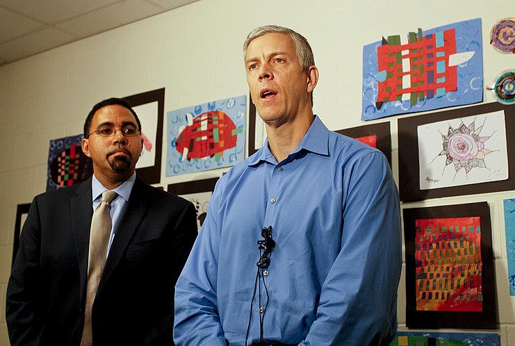 U.S. Education Secretary Arne Duncan, right, said of the problems in five south St. Petersburg schools, "The thing that hit us is that this seemed like a manmade disaster. There are some horrific things that happened here. Let's be clear." He and John King, a deputy secretary of education, visited Campbell Park Elementary on Friday. DIRK SHADD | Times