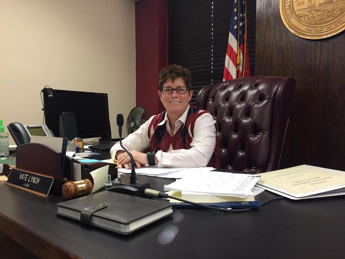 Wyandotte County District Judge Kathleen M. Lynch prefers not to don the judge's black robe while on the bench, viewing it as intimidating to many of the traumatized people who appear before her. CREDIT ALEX SMITH / HEARTLAND HEALTH MONITOR