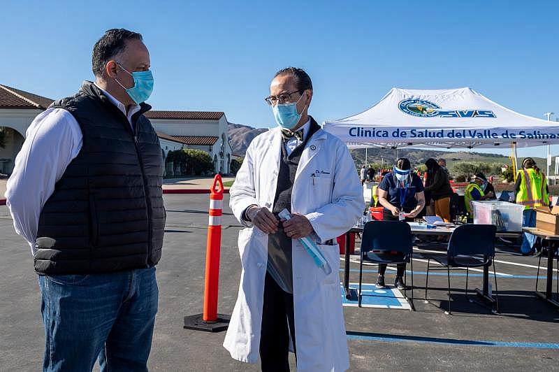 Grower-Shipper Association of Central California President Christopher Valadez, left, and Dr. Max Cuevas, CEO of Clinica De Salud Del Valle De Salinas, attended their COVID-19 vaccine clinic for farmworkers in Salinas. Photo by David Rodriguez, The Salinas Californian