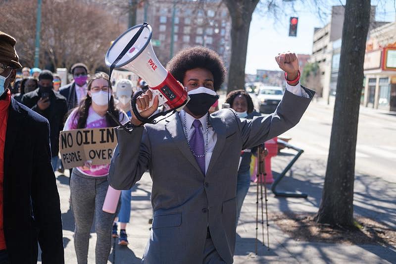 Justin Pearson leads chants during a march against the construction of the Byhalia Connection Pipeline, Tuesday, Feb. 23, 2021, in Memphis, TN. BRANDON DAHLBERG / FOR COMMERCIALAPPEAL.COM