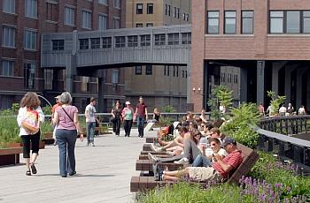 New York City's High Line Park, a green space built on an old elevated train track.