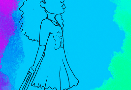 Front page of coloring book in which a girl is standing with luggage