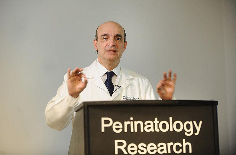 Dr. Roberto Romero, chief of the Perinatology Research Branch and head of the Program for Perinatal Research and Obstetrics, speaks on late-preterm births and the issue of a short cervix in relation of infant mortality. (Max Ortiz / The Detroit News) 