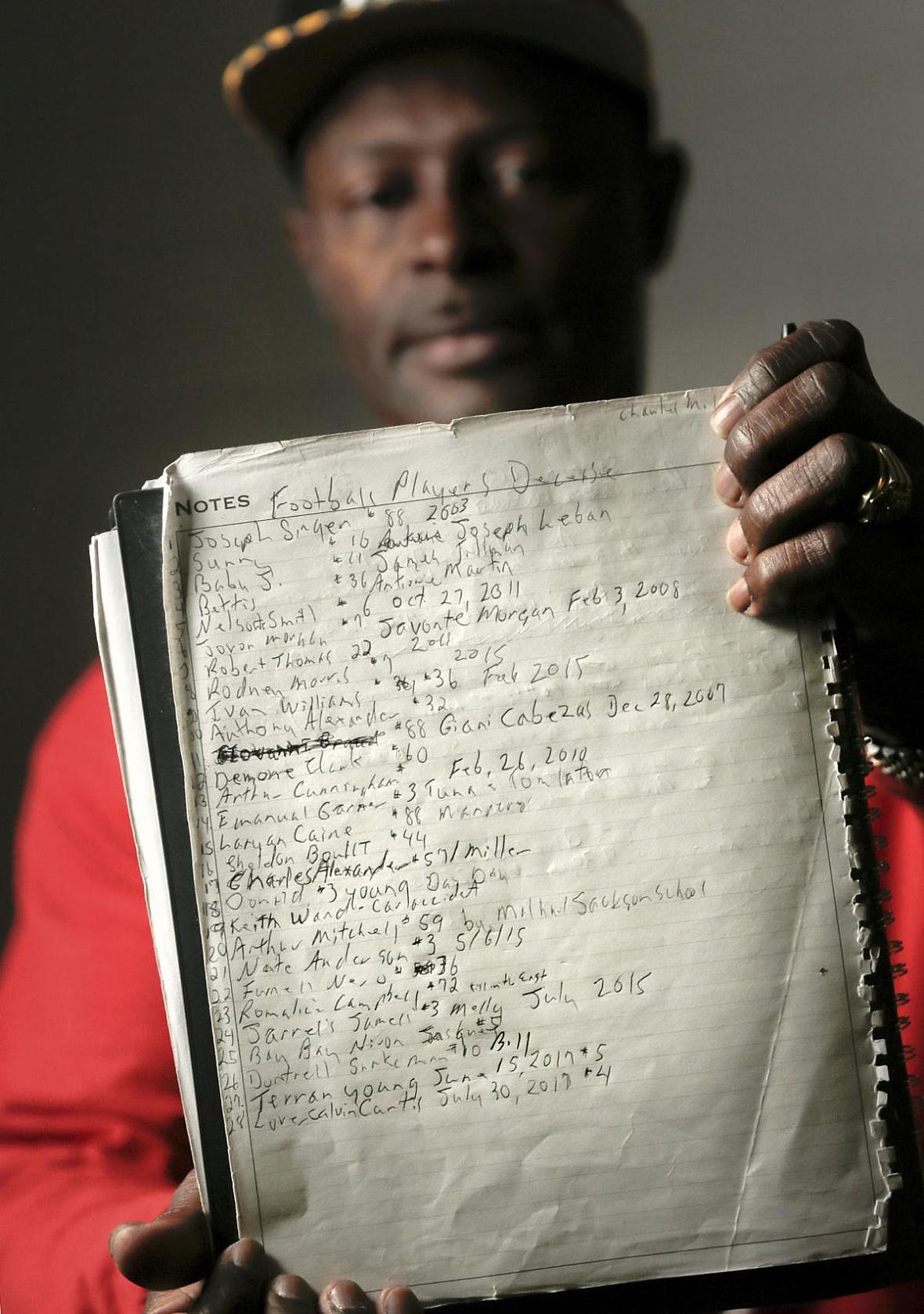 Jerome Temple holds a list of 28 former players on the Panthers youth football team who were killed over a 140-year-span.