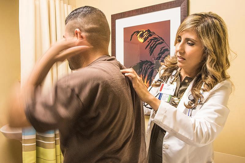 Dr. Olga Meave sees a patient complaining of shoulder pain. After graduating from medical school and seeing patients in her home country of Mexico, Meave is now a third-year resident at the Rio Bravo Family Residency program in Bakersfield. Dr. Olga Meave sees a patient complaining of shoulder pain.