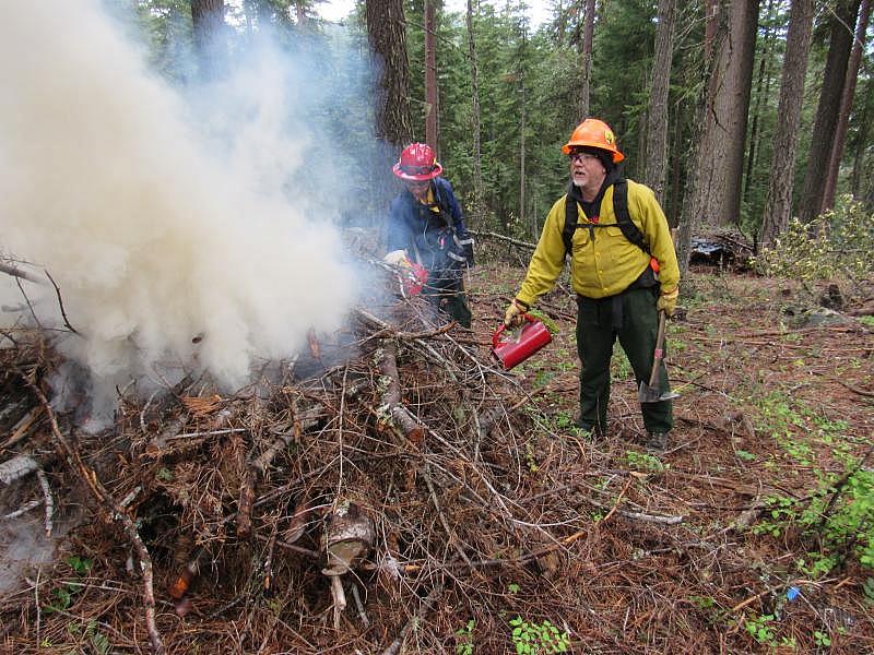 Rick O'Rourke sets a pile of debris aflame during a prescribed burn in the Ashland Watershed.