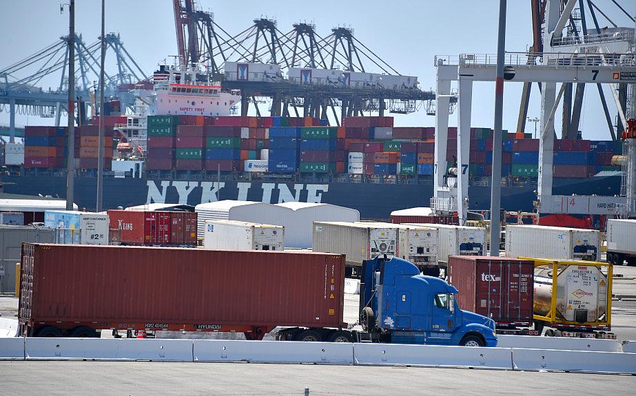 Trucks move around the port of L.A. complex in Wilmington on Friday, Aug. 3, 2018. In addition to the nearby refinery, the port traffic is a source of pollution in Wilmington. (Photo by Scott Varley, Daily Breeze/SCNG)