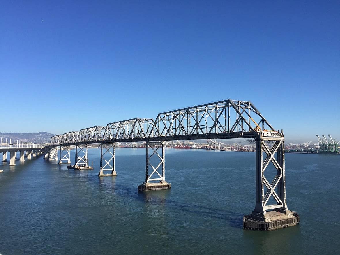 Crews are nearing the end of phase two of demolition of the older eastern span of the Bay Bridge. Bryan Goebel/KQED