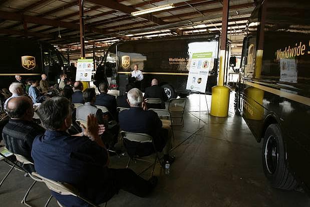 Ricky Hanna, CEO of EVI, speaks about the electric vehicles his company produces during a press conference at the UPS Distribution Facility in San Bernardino on Wednesday, July 17, 2013.