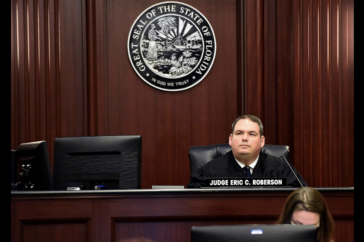 Juvenile Circuit Court Judge Eric Robertson presided at a hearing last week in the case of Tyron Calhoun, 12, accused in the shooting of 12-year-old Ra'Mya Eunice during a sleepover in April. Ra'Mya died nearly a month later. (Bruce Lipsky/Florida Times-Union) Juvenile Circuit Court Judge Eric Robertson presided at a hearing last week in the case of Tyron Calhoun, 12, accused in the sho
