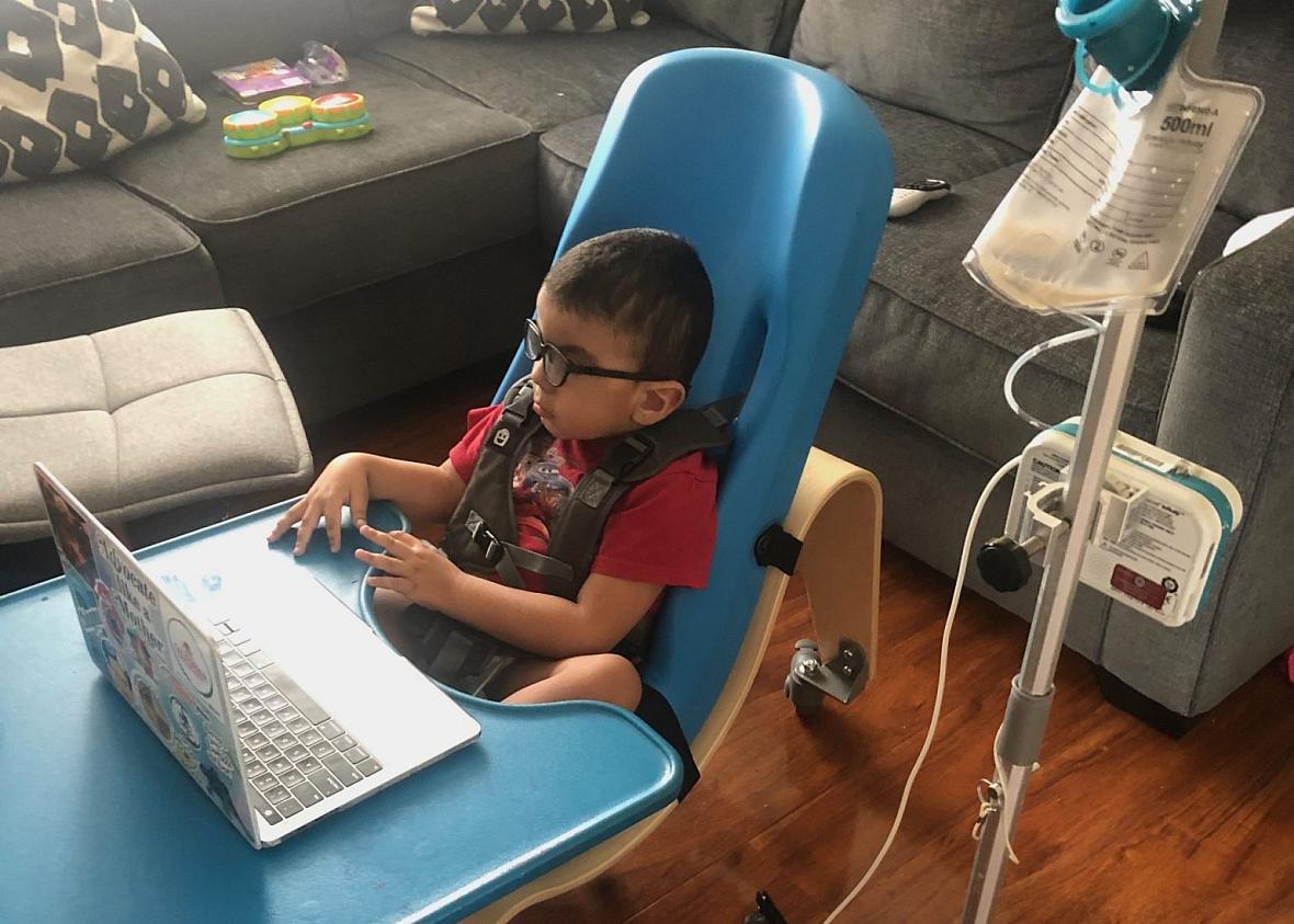 Gavin Alcala, 3, of Los Angeles participates in an online class through his day care, Centro de Niños Gavin Alcala, 3, of Los Angeles participates in an online class through his day care, Centro de Niños