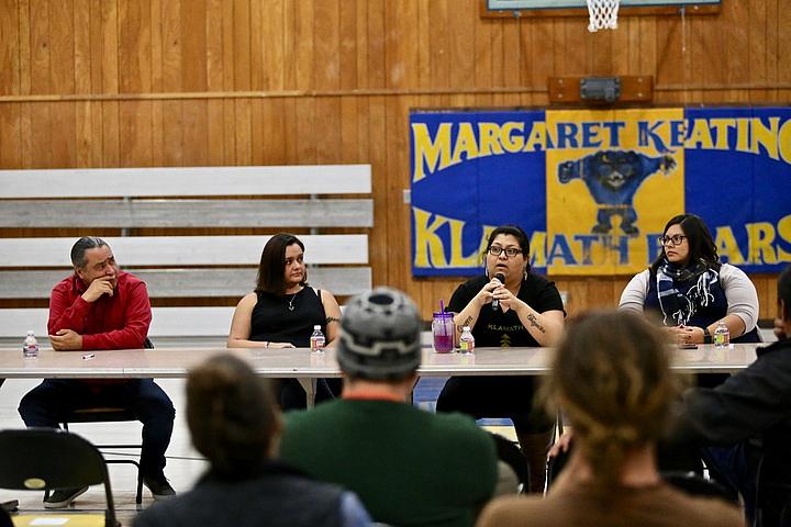 Josh Norris, Brigette Norris, Georgiana Gensaw and Aristea Saulsbury speak about food access in the native community of Klamath.