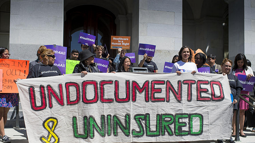 Advocates for a bill to provide healthcare to undocumented immigrants rally in at the Capitol in Sacramento. (Hector Amezcua)