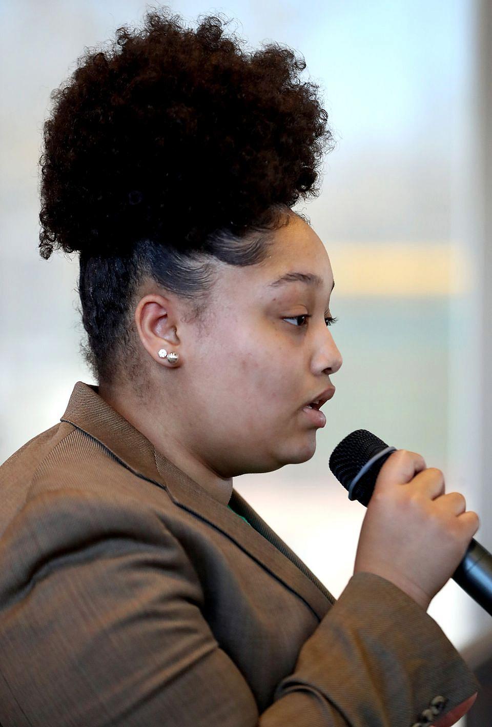 Corrin Cooper, 16, speaks to various leaders in the community at League Park in Cleveland, OH, Monday, April 30, 2018. Cooper is one of the members of the Empowering Youth, Exploring Justice Impact 25 Youth Council. (Marvin Fong / The Plain Dealer) Marvin Fong / The Plain Dealer