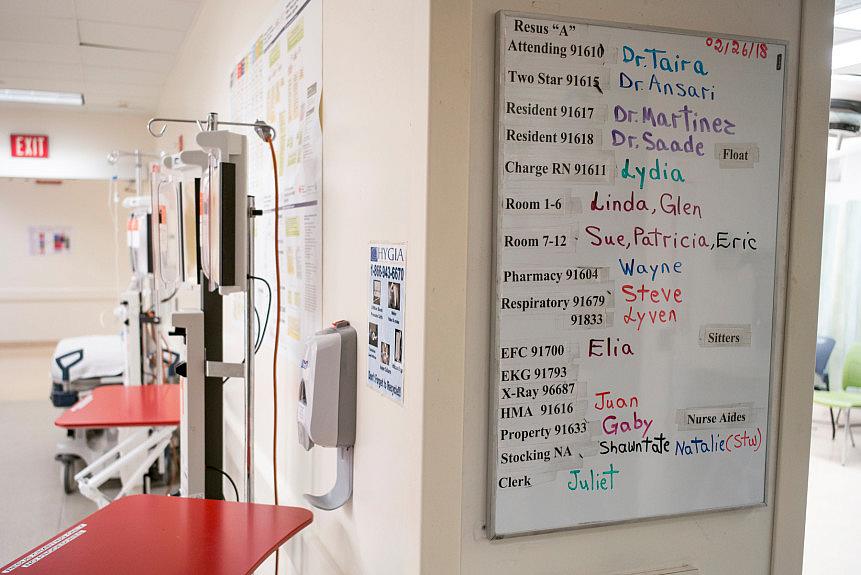 An assignment chart in the ER at County USC, one of the busiest emergency departments in the state. (Photo by David Crane, Los Angeles Daily News/SCNG) Photo by David Crane, Los Angeles Daily News/SCNG