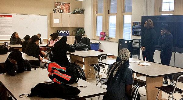 Hope Smith, 15, and Yondez Webb, 18, lead a group of their peers at Cleveland School of Science and Medicine recently in a conversation about stress and what causes it, such as transitioning from middle school to high school as well as family and friend issues. The teens are part of the Health Professions Affinity Community (HPAC) and will be asking fellow students about stress in a survey they've designed. (Photo courtesy of Hope Smith) Photo courtesy of Hope Smith