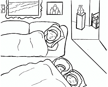 Coloring Book Image 4. Mother sleeping on couch and daughter sleeping on mattress on floor