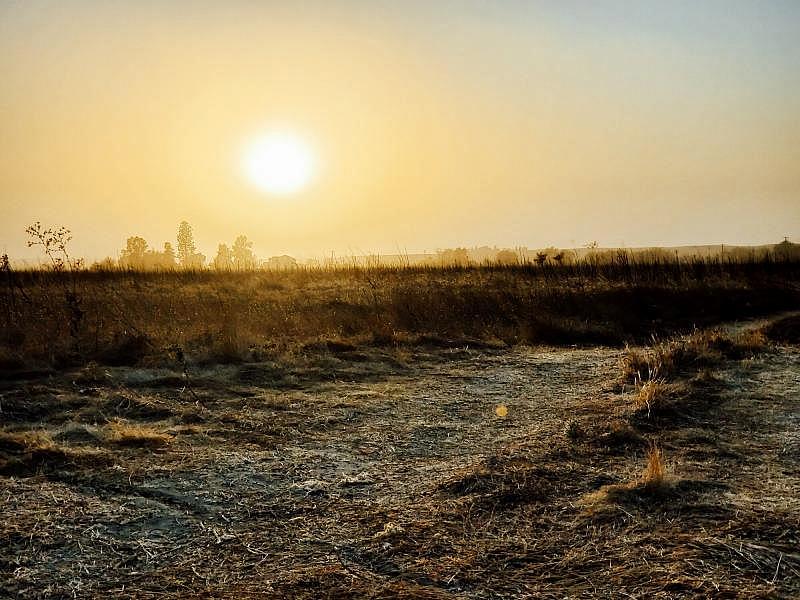 The setting sun highlights a dusty haze that lingers in the San Joaquin Valley. Taken in Fresno on November 25, 2019. Credit: Lauren J. Young