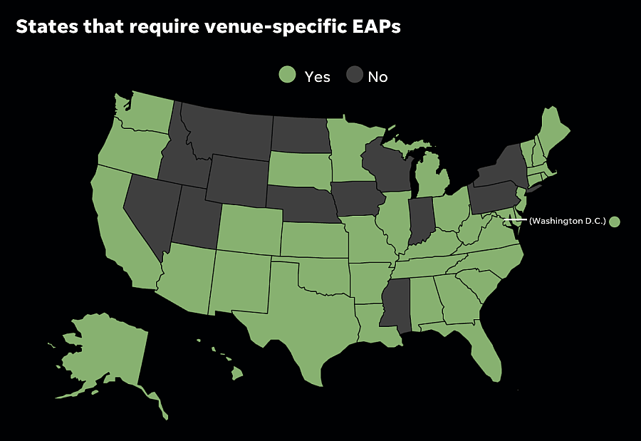 Map of the U.S. where Green states represents states that require venue-specific EAPs