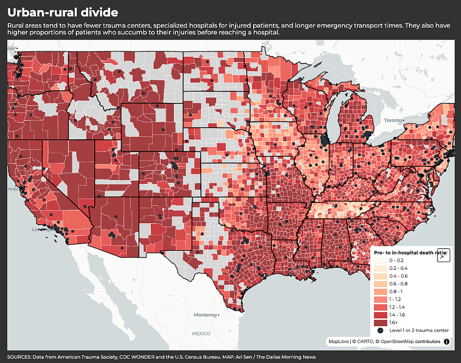 US map showing urban rural divide