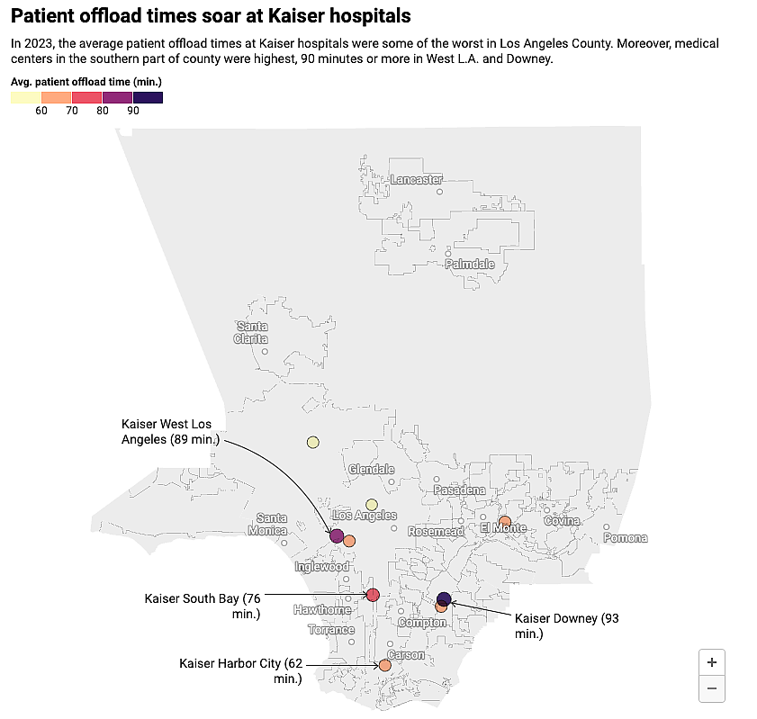 Map showing Kaiser Hospital location in LA County with patient offload times