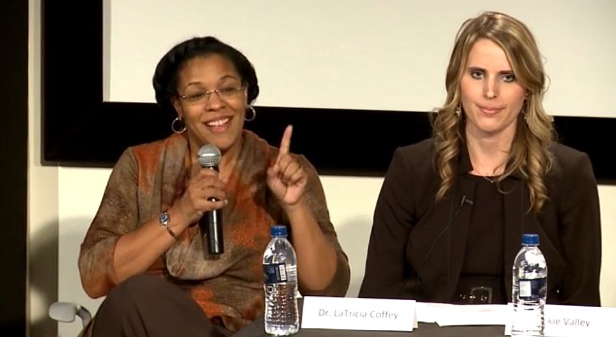 Jackie Valley of The Las Vegas Sun, at right, with Dr. LaTricia Coffey at a community forum to discuss Nevada’s mental health crisis among children.
