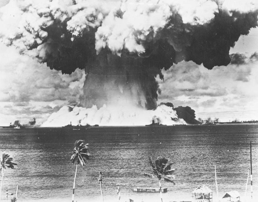 A mushroom cloud rises from the waters of Bikini Lagoon in the Marshall Islands during the United States first series of underwater atomic tests in 1946. (Photo by Keystone/Getty Images)