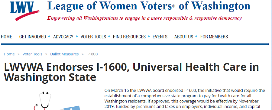 Washington State league of Women Voters endorsement of the single payer ballot measure