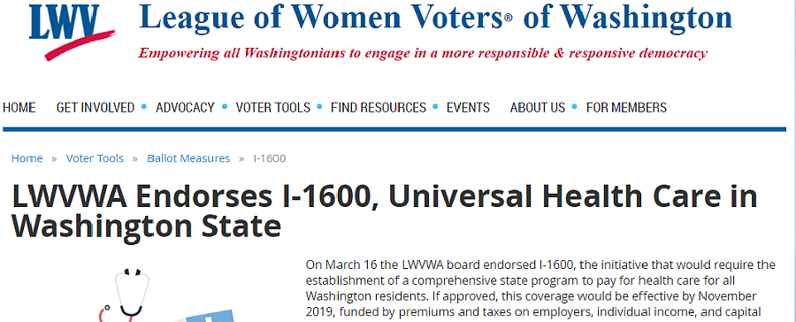 League of Women Voters endorsement of single payer Washington State league of Women Voters endorsement of the single payer ballot measure