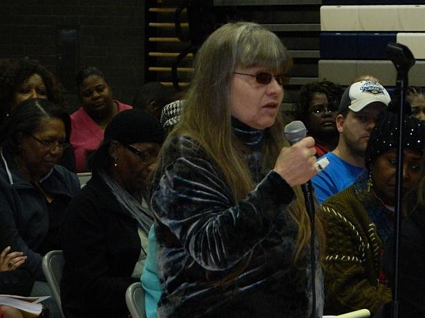 Jeanette Hansen, of the Mental Health Movement, speaks at a 2012 alternative budget hearing (Photo by Kari Lydersen)