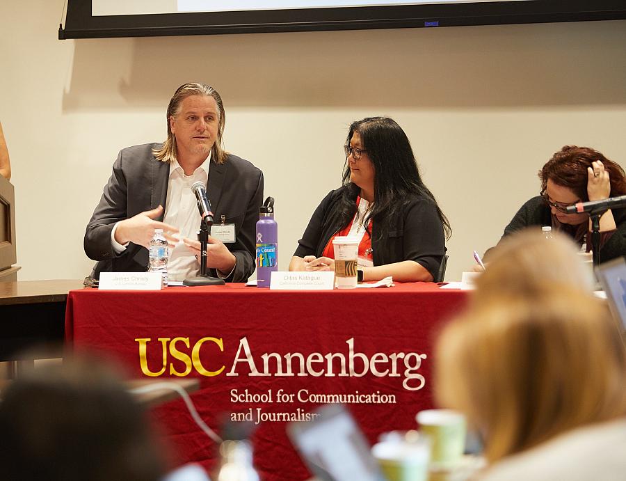 James Christy, assistant director of field operations at the U.S. Census Bureau, and Ditas Katague, director of California Complete Count, talk to reporters at a day-long briefing hosted by the Center for Health Journalism on Friday. James Christy, assistant director of field operations at the U.S. Census Bureau, and Ditas Katague, director of California Compl