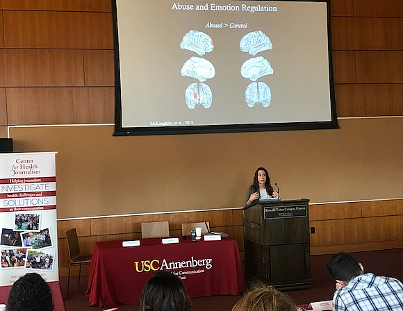Katie McLaughlin, director of the Stress and Development Lab at the University of Washington, speaks to a room full of reporters. Katie McLaughlin, director of the Stress and Development Lab at the University of Washington, speaks to fellows at the 2017 Nati