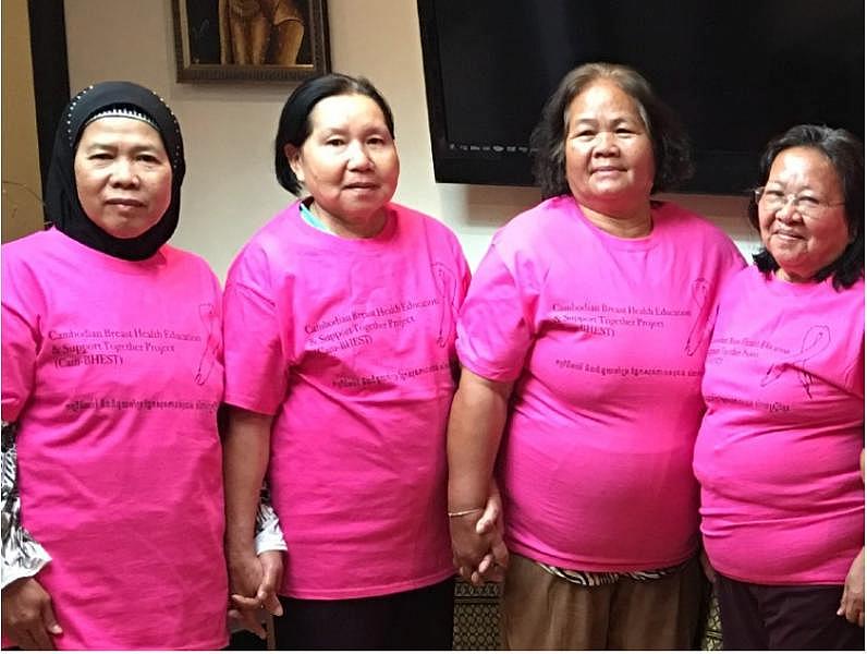 Four women wearing Cambodian Family’s Cambodian Breast Health Education and Support Together Program t-shirts.(Courtesy of the Cambodian Family staff)