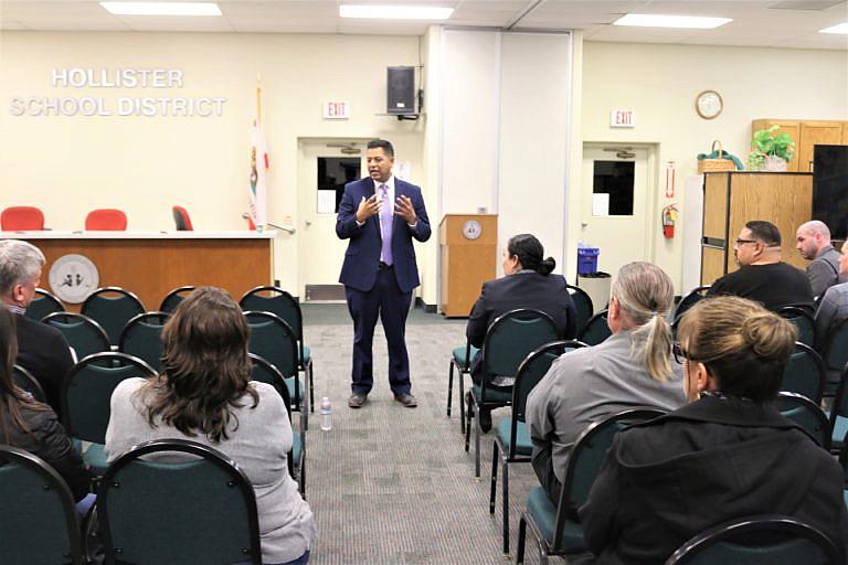 Diego Ochoa speaks to the public during a 2019 board meeting at which he was introduced as the new superintendent. Photo by John Chadwell.