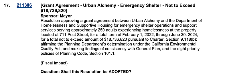 Agenda item from the Feb. 8, 2022 Board of Supervisors meeting. The supervisors approved Urban Alchemy's contract unanimously.