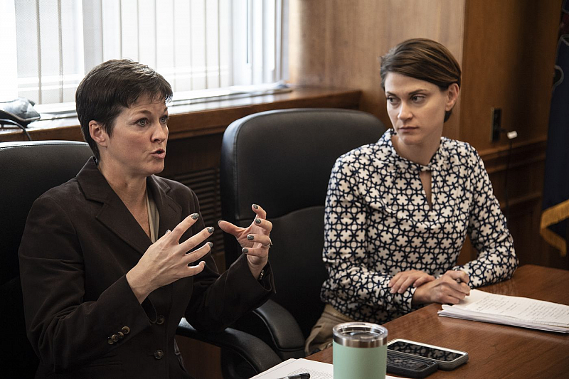 Pennsylvania Department of Human Services Commissioner Teresa Miller (left) and Amy Grippi, deputy secretary for the Office of Children, Youth and Families, said they could not discuss specific child-abuse complaints because of confidentiality laws. (Photo by Jose Moreno/Staff Photographer)