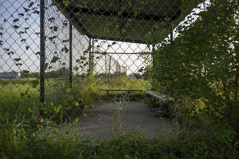 Vines grow up chain-link fence surrounding a littered dugout. Overgrown grass covers the baseball diamond. (Photo: Angela Piazza/Victoria Advocate) Vines grow up chain-link fence surrounding a littered dugout. Overgrown grass covers the baseball diamond.
