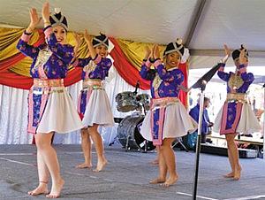 The Nkauj Hmoob Peev Xwm dance troupe, aka The Girls With Courage, perform in front of a crowd of leaders and elders from Butte County’s Hmong community.