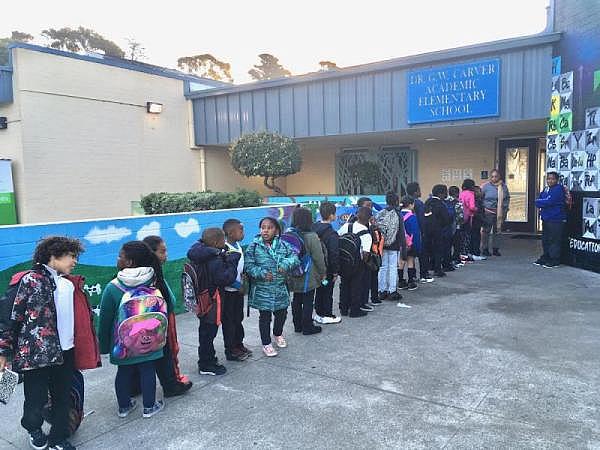 Carver Elementary students line up to begin the school day at the campus in San Francisco's Bayview district. (CREDIT LEE ROMNEY / KALW)