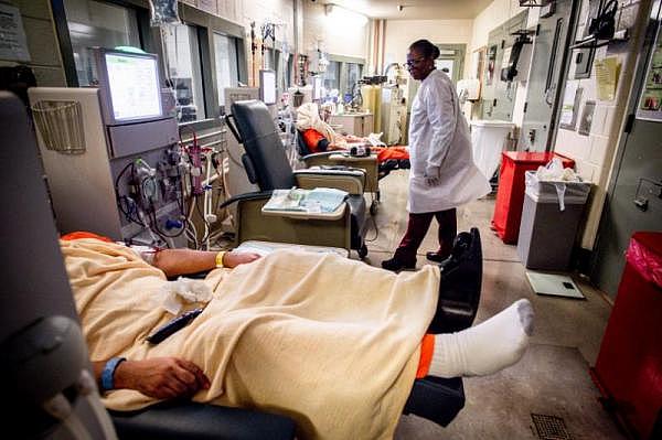 Nurse Sheila Witherspoon checks on inmates as they receive dialysis treatment in a clinic at West Valley Detention Center in Rancho Cucamonga on Friday, June 21, 2019. (Photo by Watchara Phomicinda, The Press-Enterprise/SCNG)