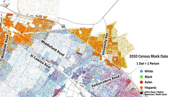 The racial dot map shows the population density and diversity in the U.S. based on 2010 census data. Each dot represents a person. (Map by the University of Virginia Weldon Cooper Center for Public Service.)