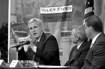 1: Rep. Kevin McCarthy, R-Bakersfield, leads a Congressional Valley Fever Task Force, which includes Rep. David Schweikert, R-Arizona, center, and Rep. David Valadao, R- Hanford, from California during a question-and- answer period at the Valley Fever Symposium held at Cal State Bakersfield in September 2013. The symposium sparked multiple efforts to combat valley fever, but a robust public awareness campaign was not one of them. Henry Barrios/The Californian