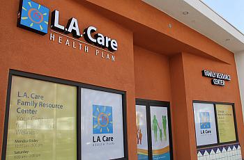 a building with an L.A. Care sign on its face.