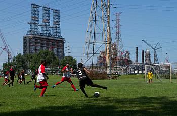 The tar sands facility being built at the BP Refinery in Whiting, Ind., formed the backdrop to a soccer game last month.