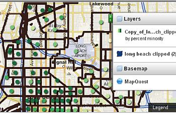 The above map, which can be viewed in full at http://geocommons.com/maps/96184#, shows Long Beach broken down geographically by 