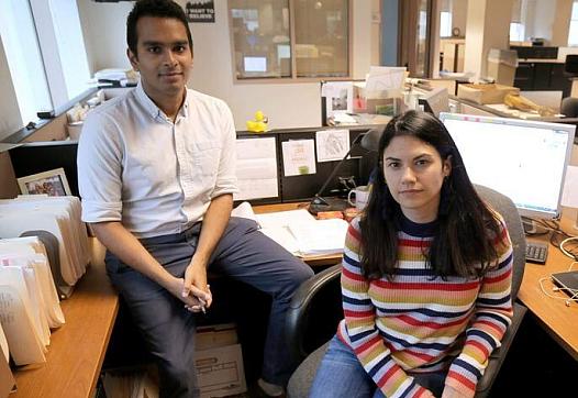 Neil Bedi and Kat McGrory in their former newsroom at the Tampa Bay Times.
