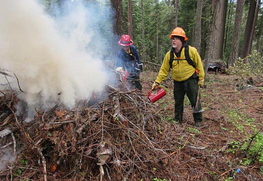 Rick O'Rourke sets a pile of debris aflame during a prescribed burn in the Ashland Watershed.