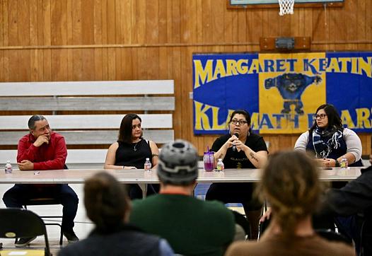 Josh Norris, Brigette Norris, Georgiana Gensaw and Aristea Saulsbury speak about food access in the native community of Klamath.