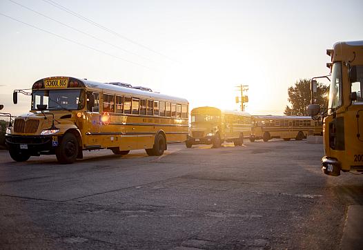 Buses head out on their morning routes at the Greeley-Evans School District 6 Fleet Maintenance Center in Greeley Aug. 19, 2020.